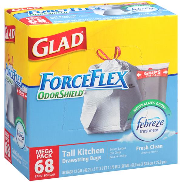 Glad ForceFlex OdorShield 13Gal Tall Kitchen Drawstring Fresh Clean ...