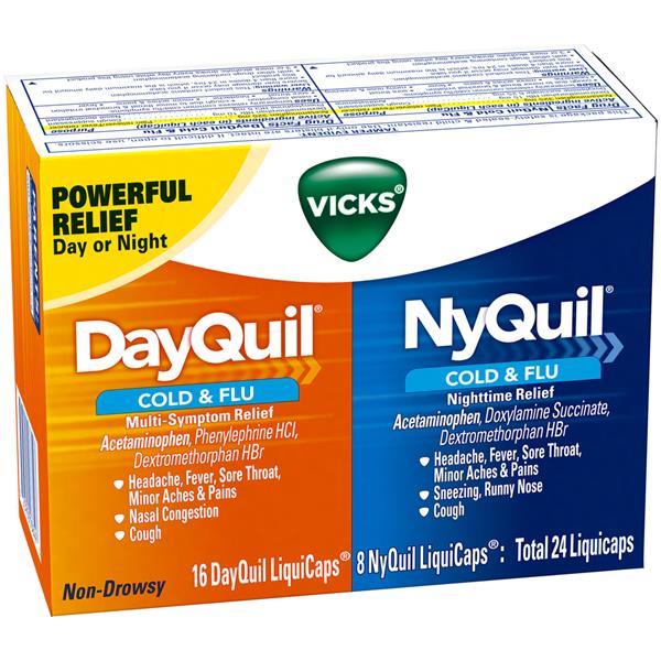 Vicks NyQuil Cold & Flu Nighttime Relief and DayQuil Cold & Flu Multi ...