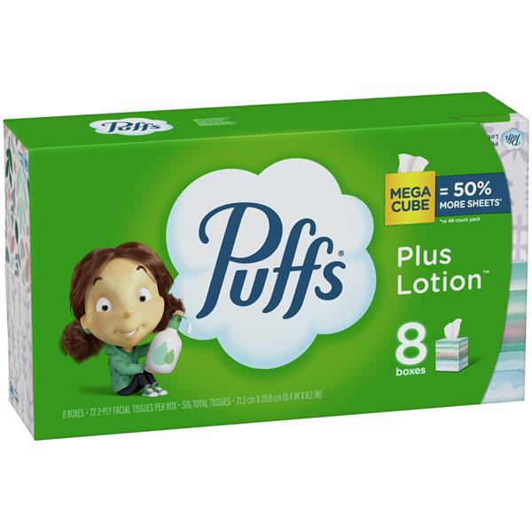 Puffs Plus Lotion Facial Tissue, 8 Mega Cubes