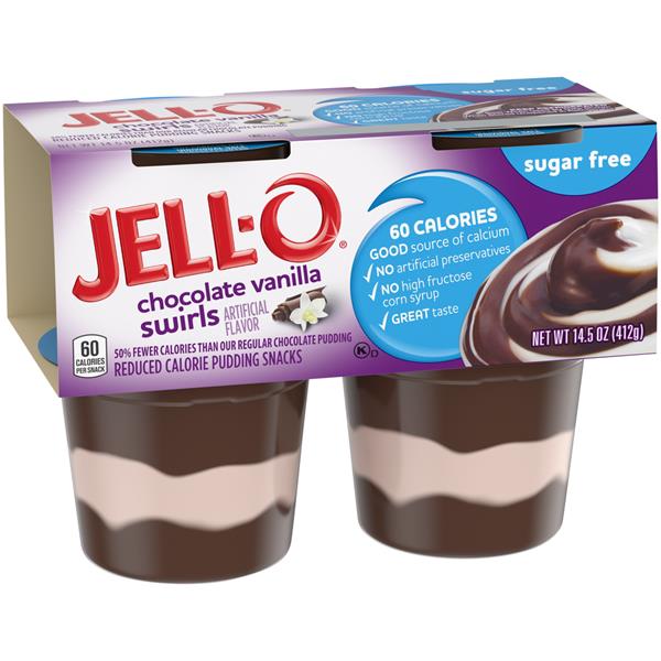 Jell O Sugar Free Chocolate Vanilla Swirls Reduced Calorie Pudding Snacks 4ct Hy Vee Aisles Online Grocery Shopping