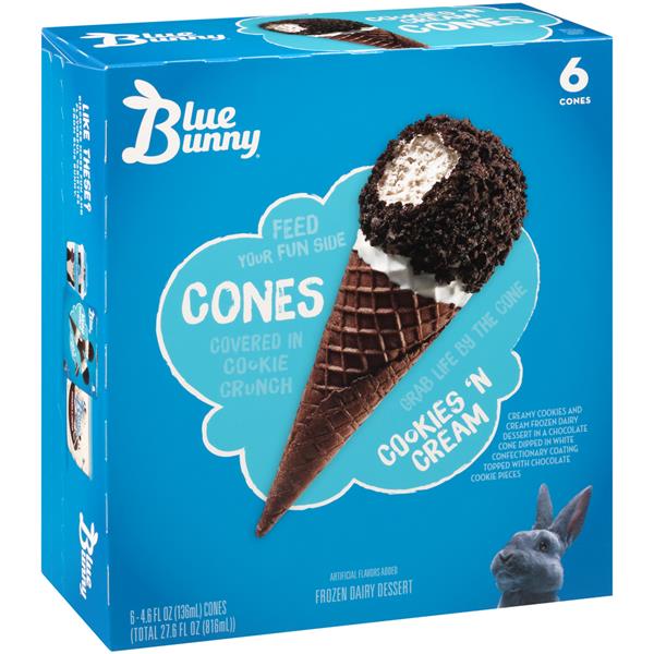 Blue Bunny Cookies 'N Cream Cones Frozen Dairy Dessert 6 ct Box | Hy ...