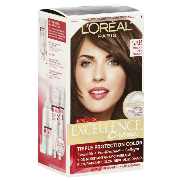 L'Oreal Paris Excellence Creme Permanent Triple Care Hair Color, 5AB Mocha  Ashe Brown, Gray Coverage For Up to 8 Weeks, All Hair Types, Pack of 1