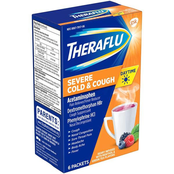 Theraflu Daytime Severe Cold & Cough Packets Berry & Green Tea Flavors ...