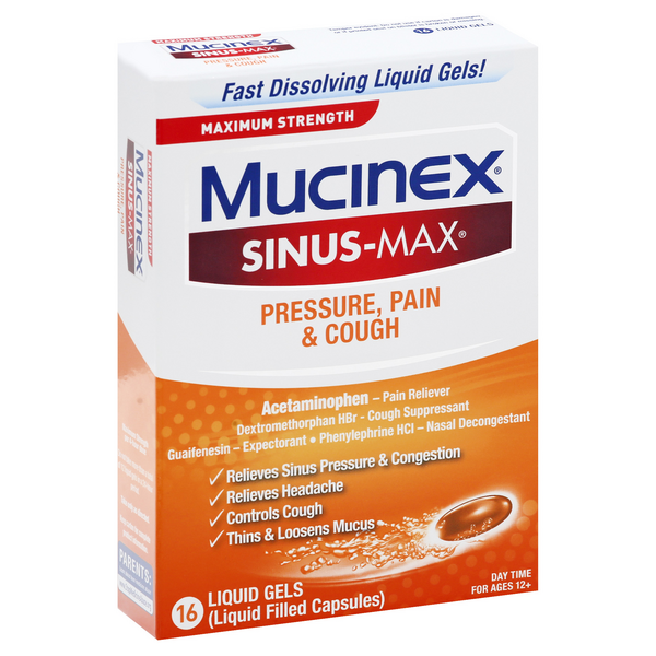 Mucinex Sinus-Max Maximum Strength Pressure, Pain & Cough Liquid Gels ...