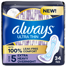 Always Ultra Thin, Size 5, Extra Heavy Overnight Pads With Wings, Unscented, 34 Count