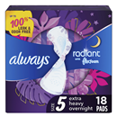 ALWAYS Radiant, Size 5, Extra Heavy Overnight Sanitary Pads With Wings, Scented