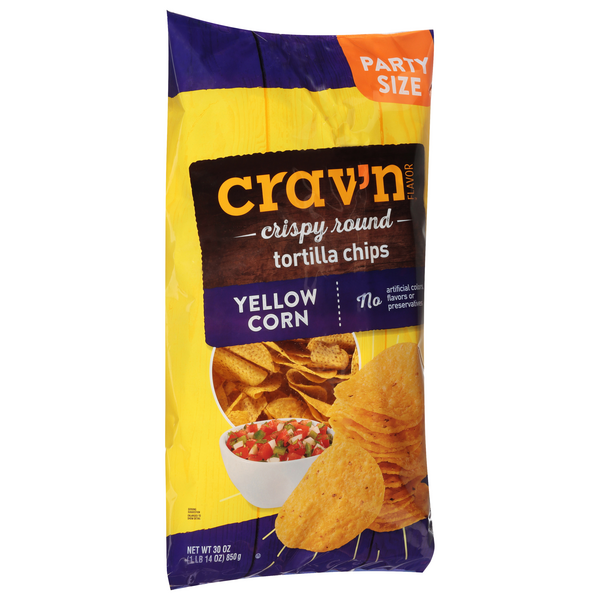 Crav'N Flavor Tortilla Chips, Yellow Corn, Crispy Round, Party