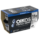 Oikos Triple Zero Blueberry Nonfat Greek Yogurt Pack, 0% Fat, 0g Added Sugar and 0 Artificial Sweeteners, Just Delicious High Protein Yogurt, 4 Ct, 5.3 OZ Cups