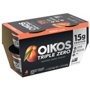 Oikos Triple Zero Peach Nonfat Greek Yogurt Pack, 0% Fat, 0g Added Sugar and 0 Artificial Sweeteners, Just Delicious High Protein Yogurt, 4 Ct, 5.3 OZ Cups
