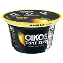 Oikos Triple Zero Lemon Tart Nonfat Greek Yogurt, 0% Fat, 0g Added Sugar and 0 Artificial Sweeteners, Just Delicious High Protein Yogurt, 5.3 OZ Cup