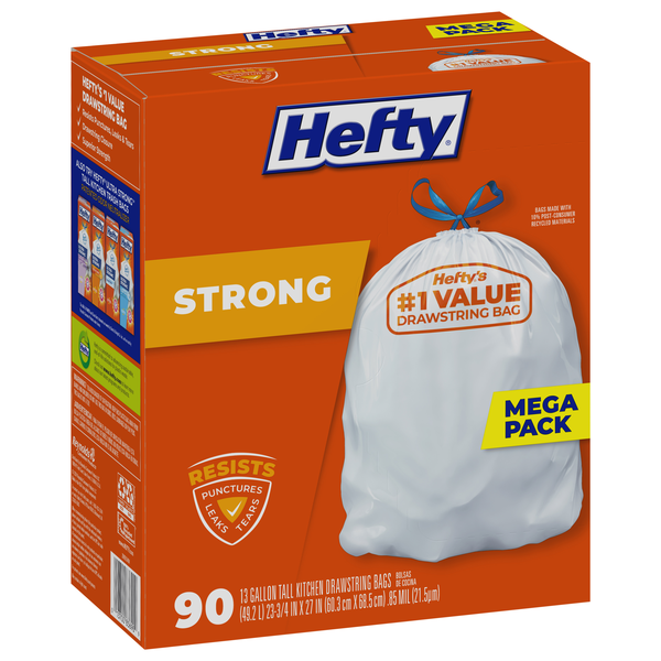 Hefty The Gripper Tall Kitchen Bags, Drawstring, Unscented, 13 Gallon Size, Trash Bags