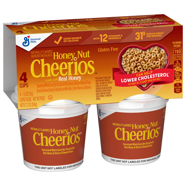 General Mills Honey Nut Cheerios Cereal, 4-1.8 oz Cups