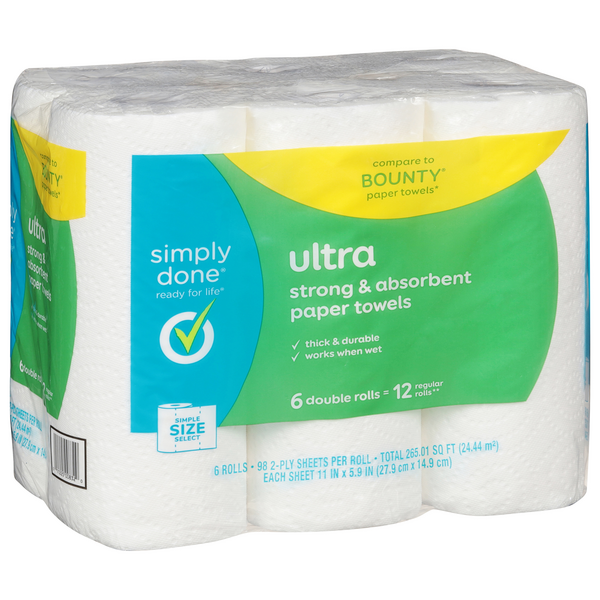 Simply Done Paper Towels, Ultra, Strong & Absorbent, Simple Size Select,  2-Ply
