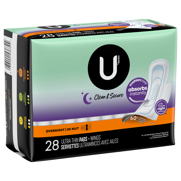 U By Kotex Pads Security Plus Wings, Ultrathin, Overnight