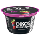 Oikos Triple Zero Mixed Berry Nonfat Greek Yogurt, 0% Fat, 0g Added Sugar and 0 Artificial Sweeteners, Just Delicious High Protein Yogurt, 5.3 OZ Cup