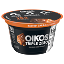 Oikos Triple Zero Salted Caramel Nonfat Greek Yogurt, 0% Fat, 0g Added Sugar and 0 Artificial Sweeteners, Just Delicious High Protein Yogurt, 5.3 OZ Cup