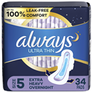 Always Ultra Thin, Size 5, Extra Heavy Overnight Pads With Wings, Unscented, 34 Count