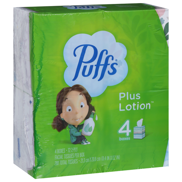 Puffs Plus Lotion Facial Tissues, 2-Ply, Mega Cube - 4 - 72 tissue boxes [288 total tissues]