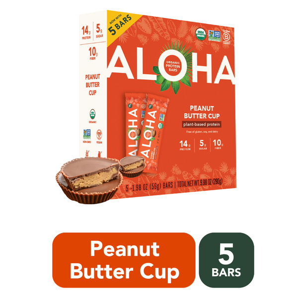 Aloha Plant Based Protein Bars, Organic, Peanut Butter Cup, 5-1.98